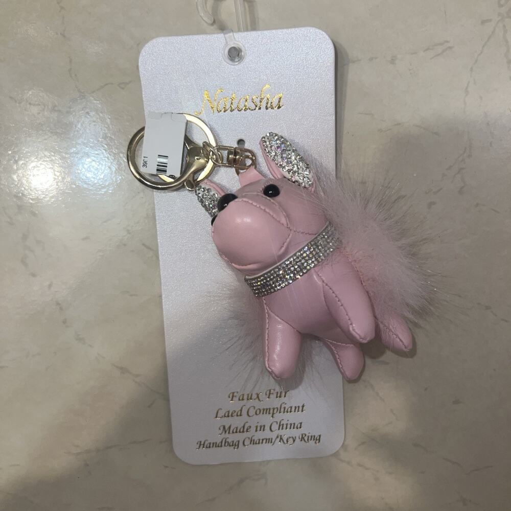 Natasha Couture Frenchie Pink Bag Charm Faux Fur Crystals NWT